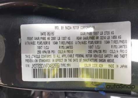 2015 Mazda Cx-9 Touring из США, поврежденный, VIN JM3TB3CVXF0462999